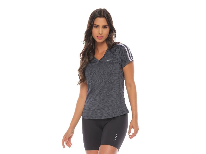 Camiseta Cuello V, Color Gris Oscuro / Lila Para Mujer