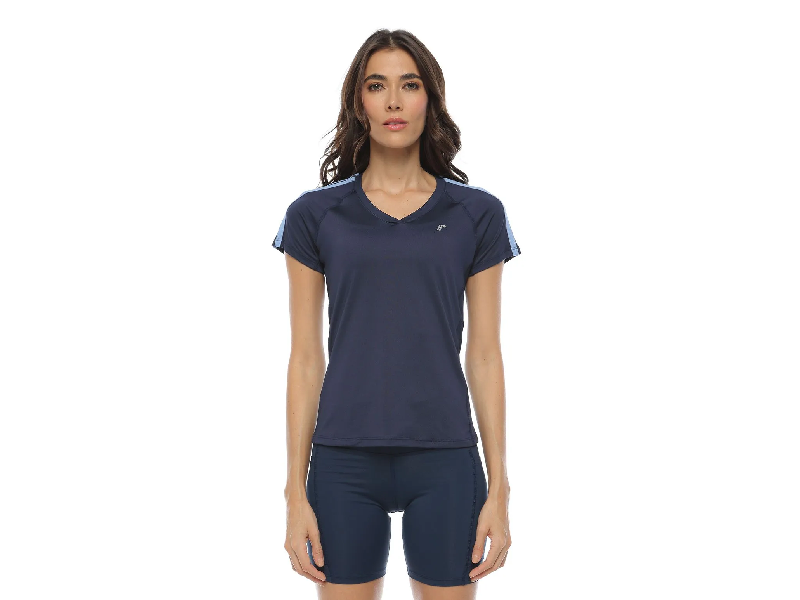 Camiseta Cuello V, Color Azul Oscuro / Lavanda Para Mujer